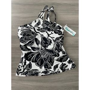 Women's Freshwater Black White Floral Keyhole One-Shoulder Tankini Top